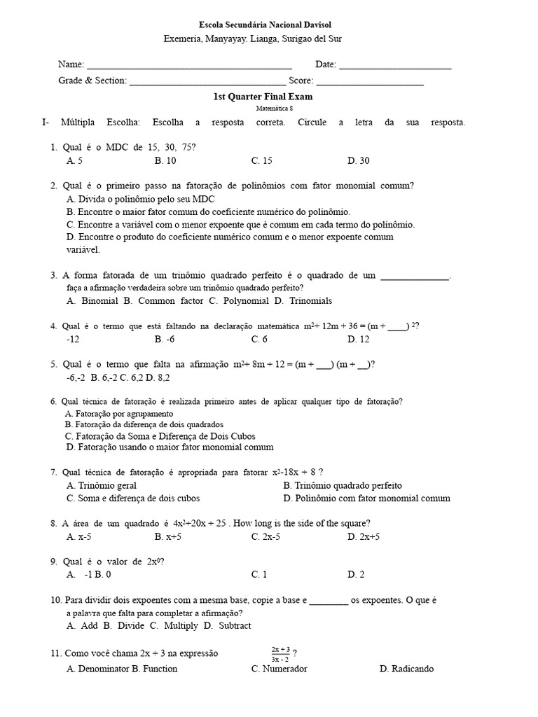 Prova de Matemática 8 - 1º Trimestre | PDF | Equações | Matemática