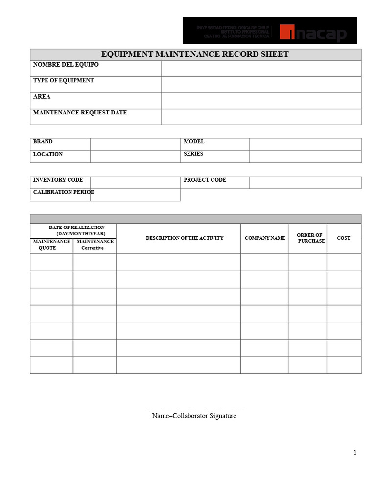 Equipment Maintenance Record Sheet | PDF