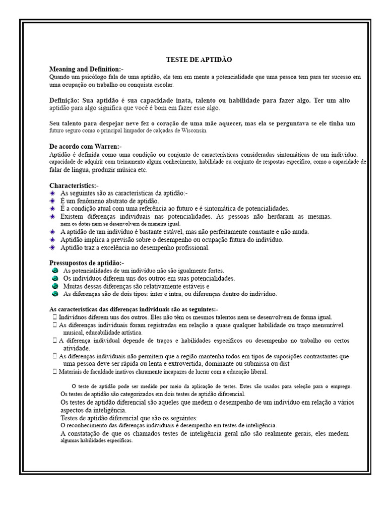 TESTE DE APTIDÃO | PDF | Boa forma (Biologia) | Quociente de inteligência