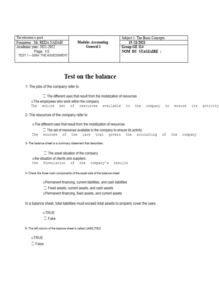 TEST BALANCE Corrected | PDF | Balance Sheet | Equity (Finance)
