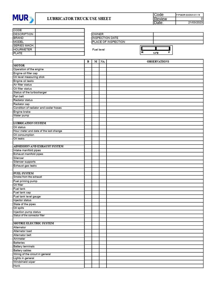 Lubricator Truck Inspection Checklist | PDF | Steering | Clutch