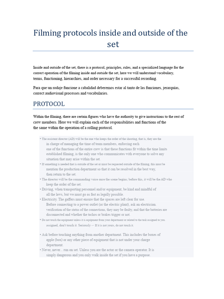 Filming Set Protocols and Guidelines | PDF | Camera