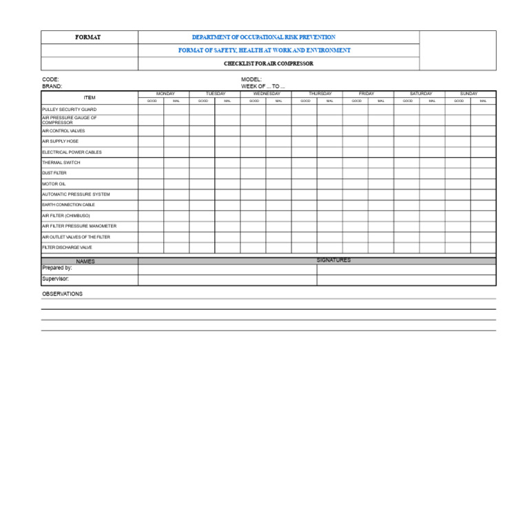 Air Compressor Safety Checklist | PDF