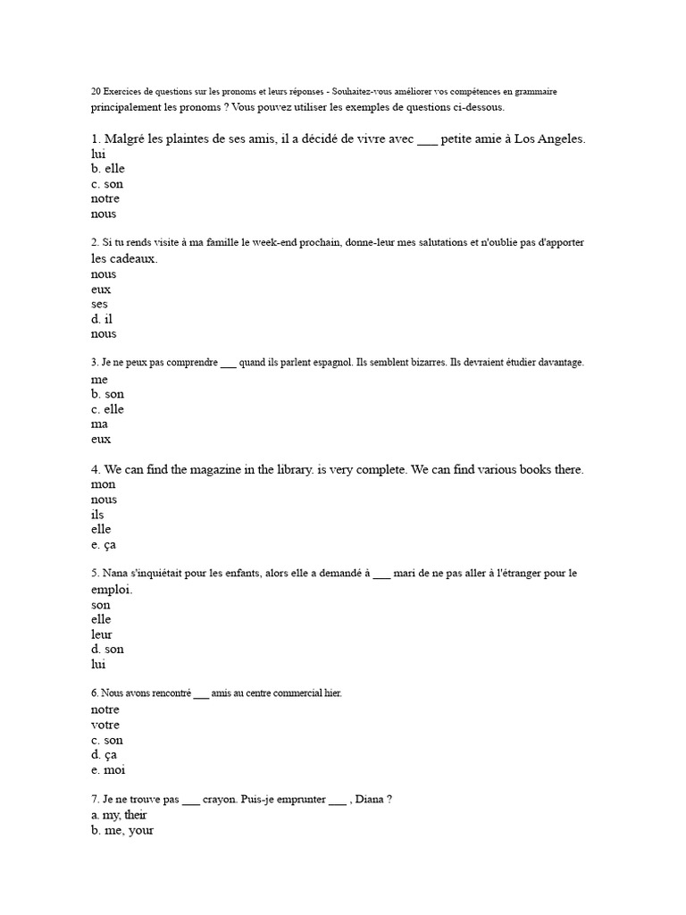 20 Questions sur les pronoms en français | PDF | Pronom
