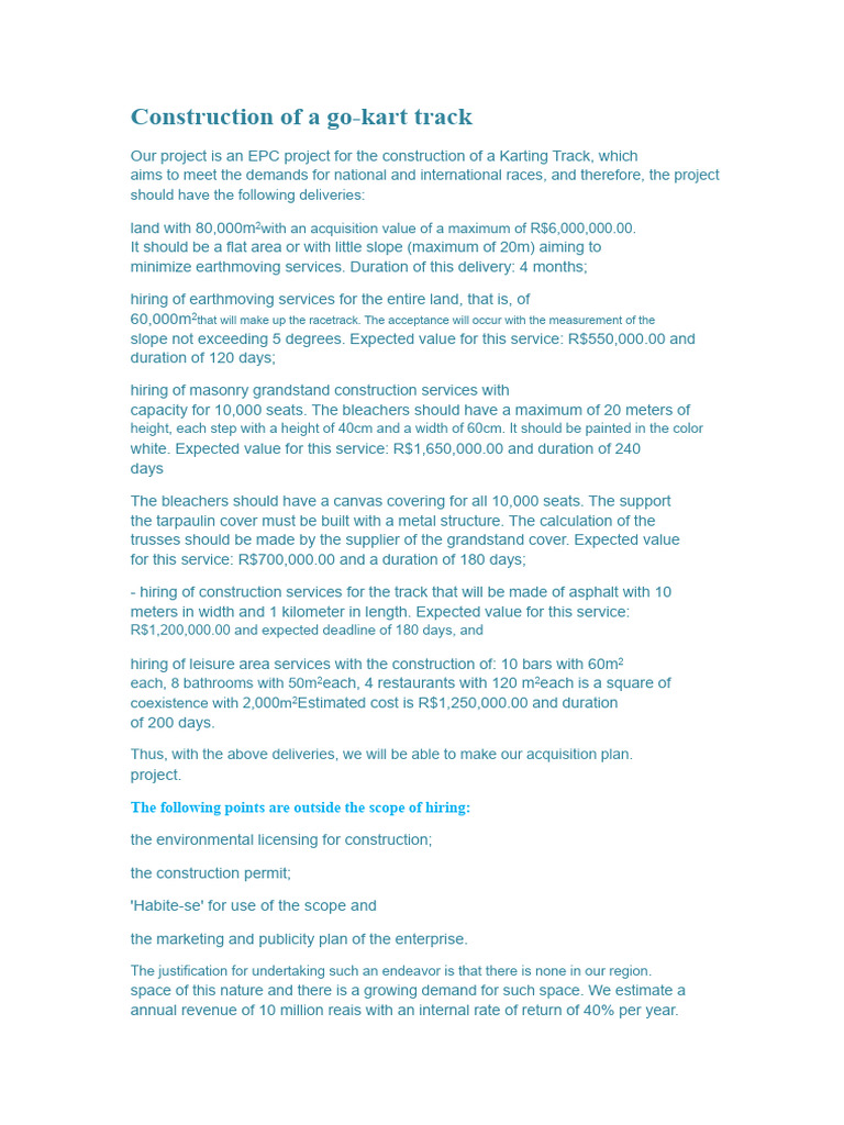 Go-Kart Track Construction Project Plan | PDF