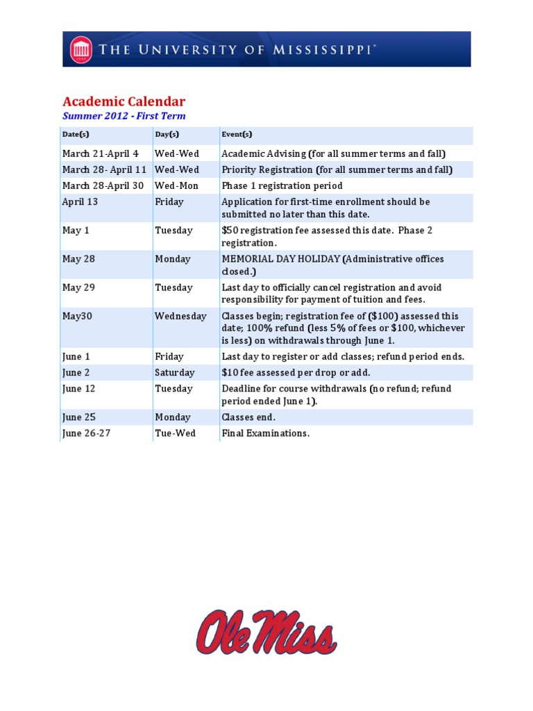 Academic Calendar Summer 2012 First Term PDF Academic Term Fee