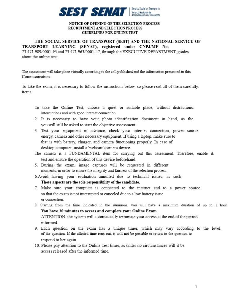 Online Test Guidelines for SEST/SENAT | PDF | Computing
