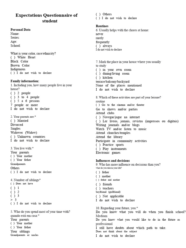 Student Expectations Questionnaire | PDF | Teachers | Schools