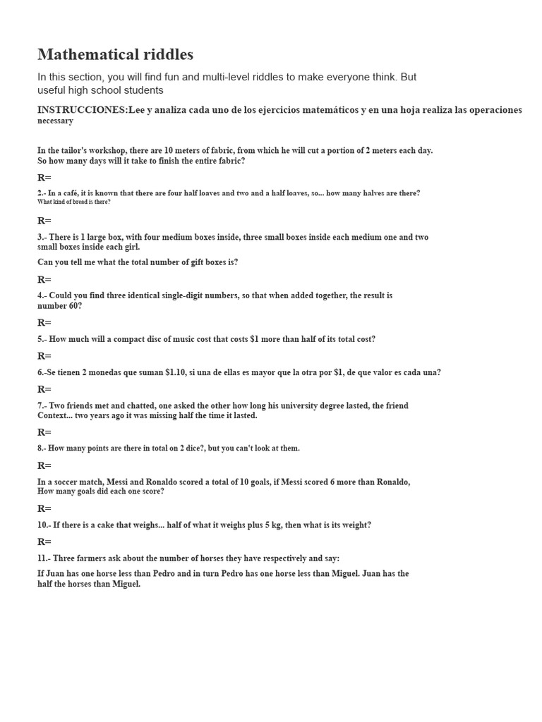 Mathematical Riddles Rally Questions | PDF