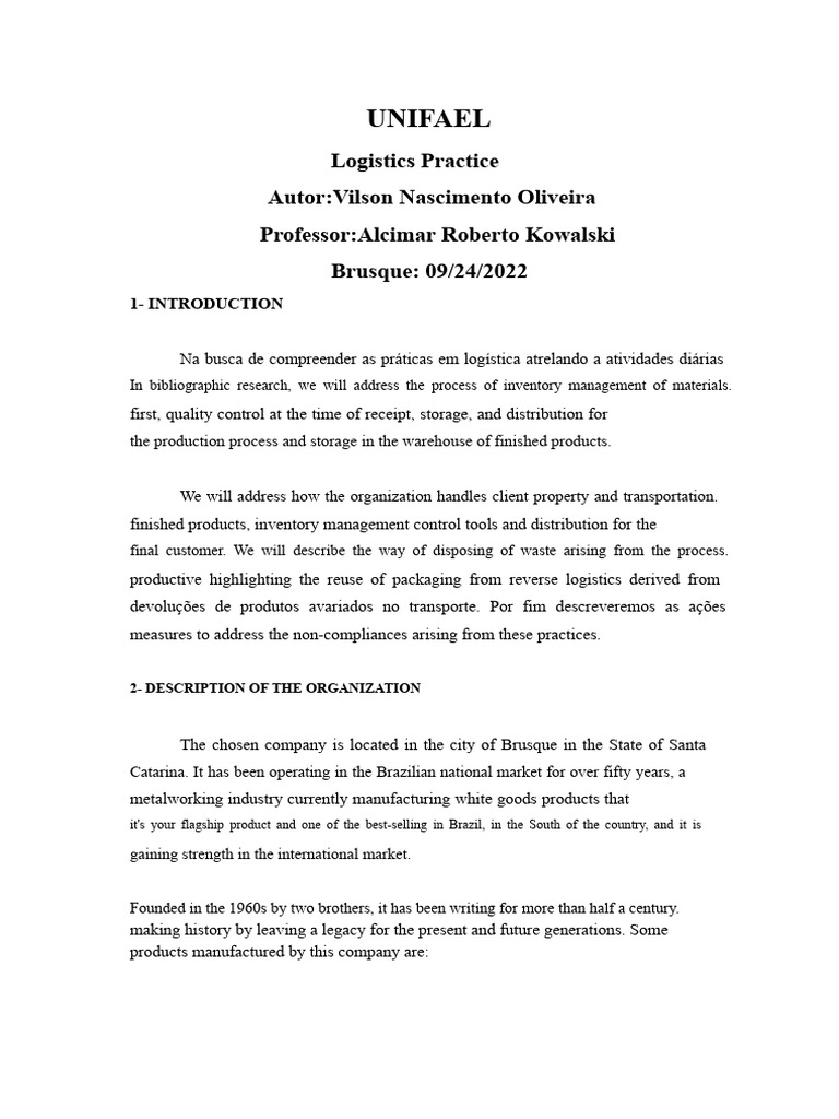 UNIFAEL Practical Work in Logistics | PDF | Logistics | Transport