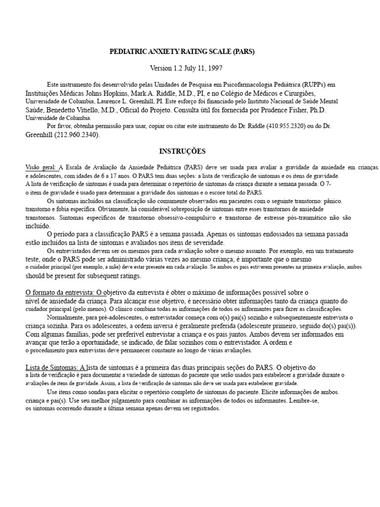 Pediatric Anxiety Rating Scale (Pars) | PDF | Ansiedade | Distúrbio mental
