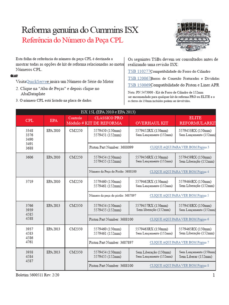 Reforma do Motor Cummins ISX: Kits e TSBs | PDF | Motores | Motor de ...