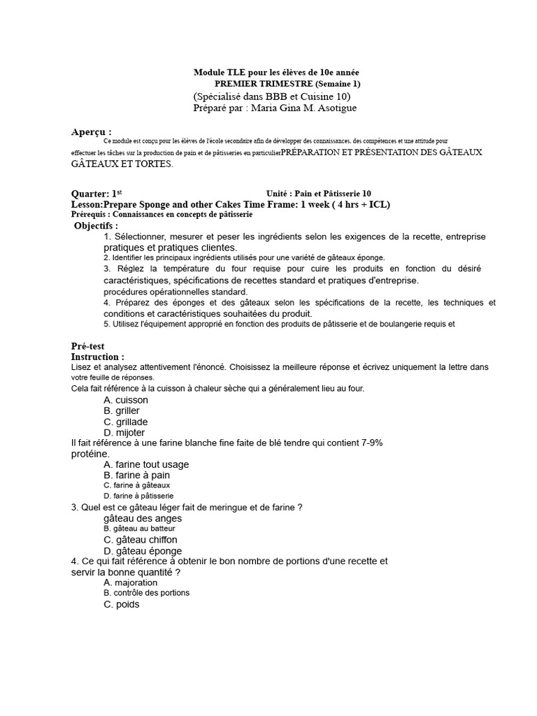 Module TLE : Pâtisserie pour 10e année | PDF | Beurre | Sucre