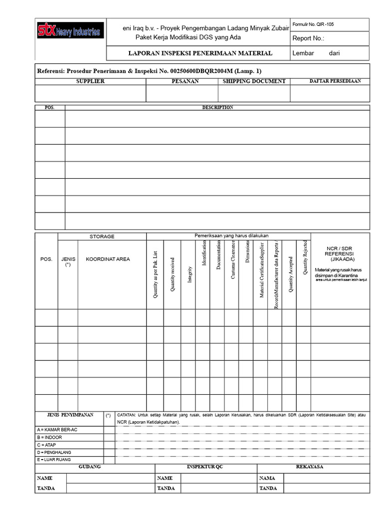 QIR-105-Laporan Inspeksi Penerimaan Material | PDF