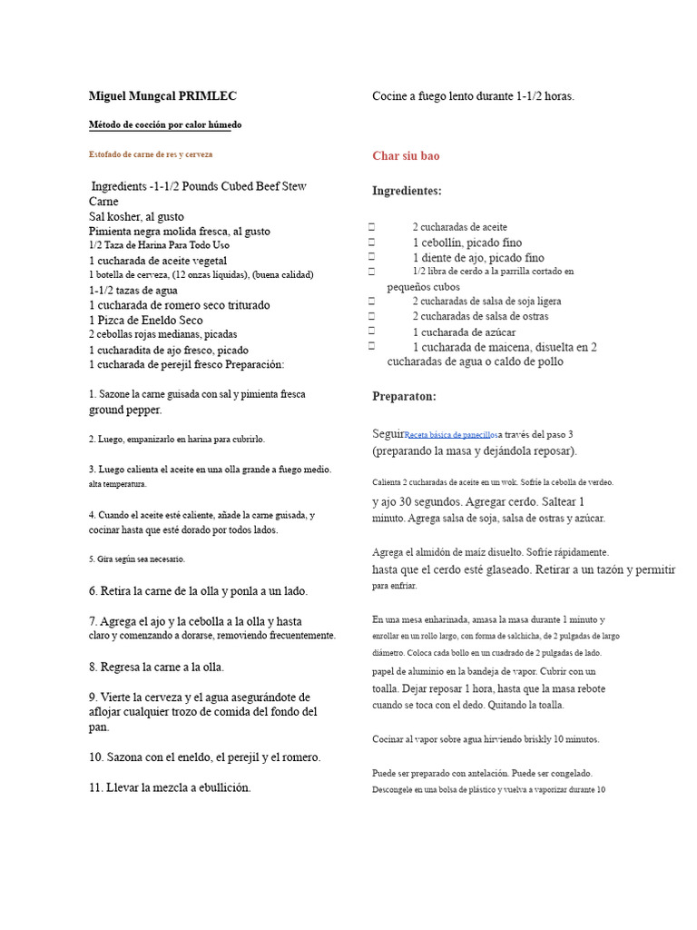 Recetas de Estofado y Panecillos al Vapor | PDF | Panes | Cocinando