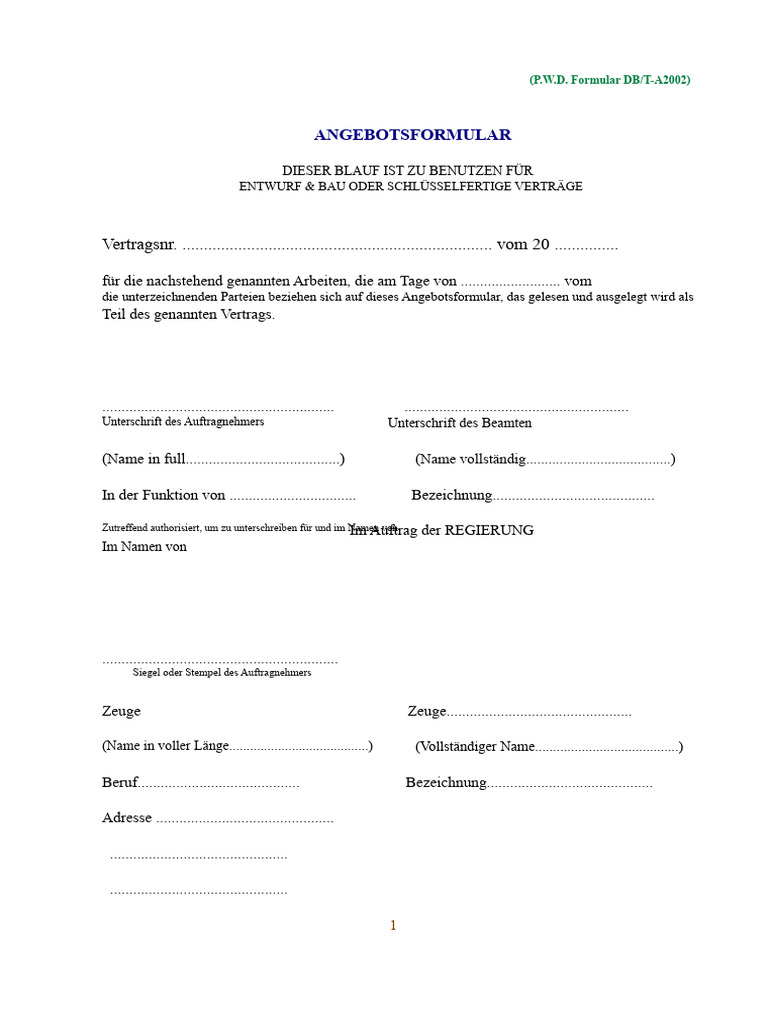 Formular Für Das Angebot PWD Formular DB T - A2002 | PDF