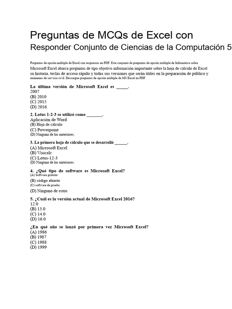 Preguntas de MCQs sobre Excel y Respuestas | PDF | Microsoft Excel ...