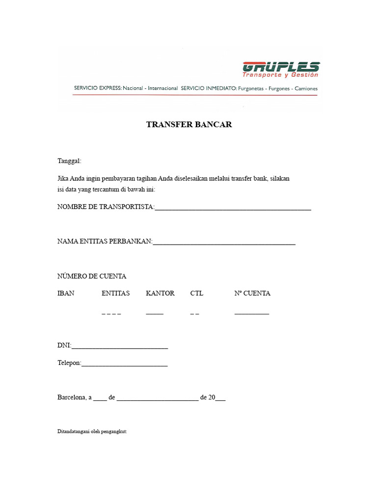 Formulir Transfer Bank untuk Pembayaran | PDF