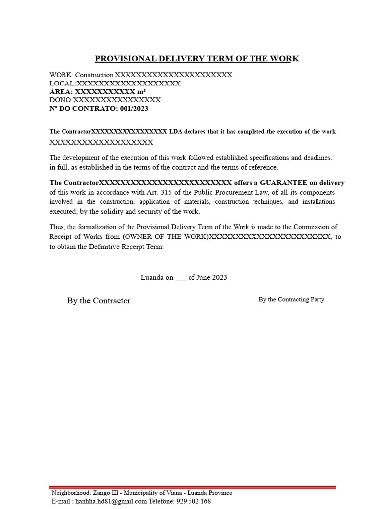 Model of Temporary Delivery and Warranty of The Work | PDF