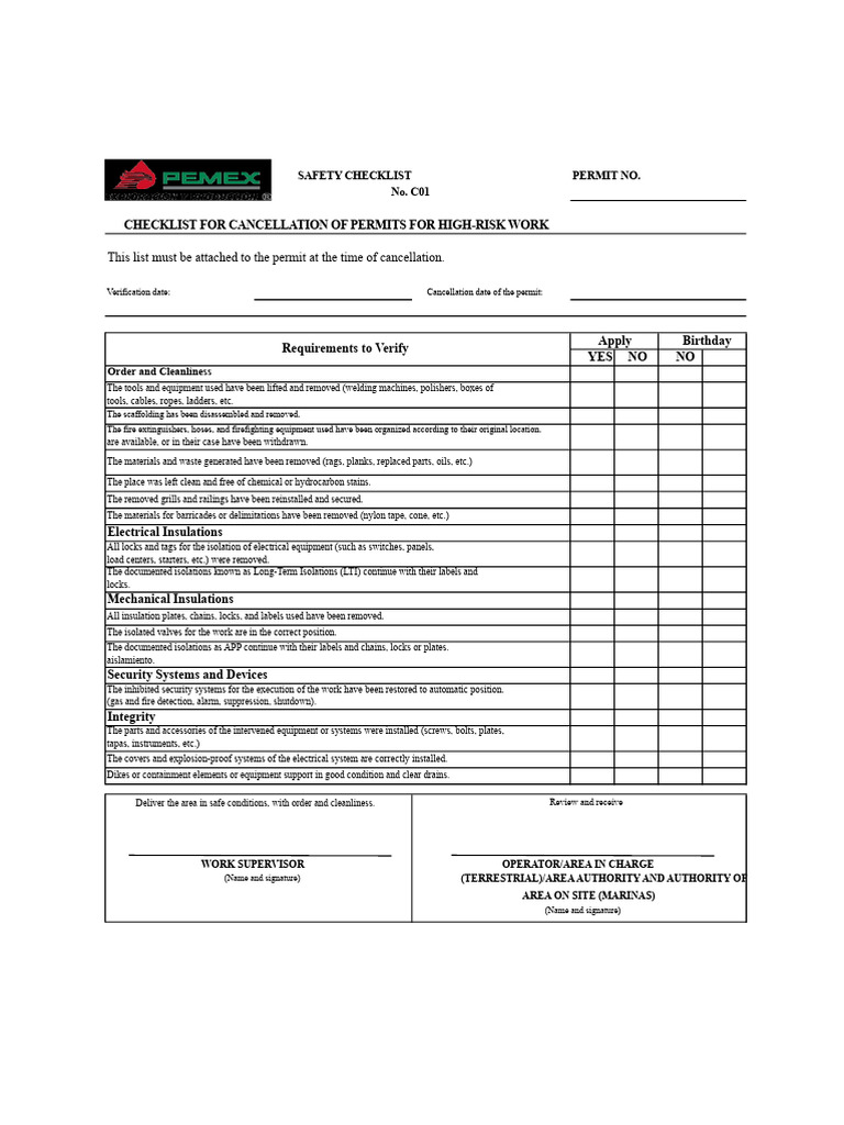 High-Risk Work Permit Cancellation Checklist | PDF | Mechanical ...