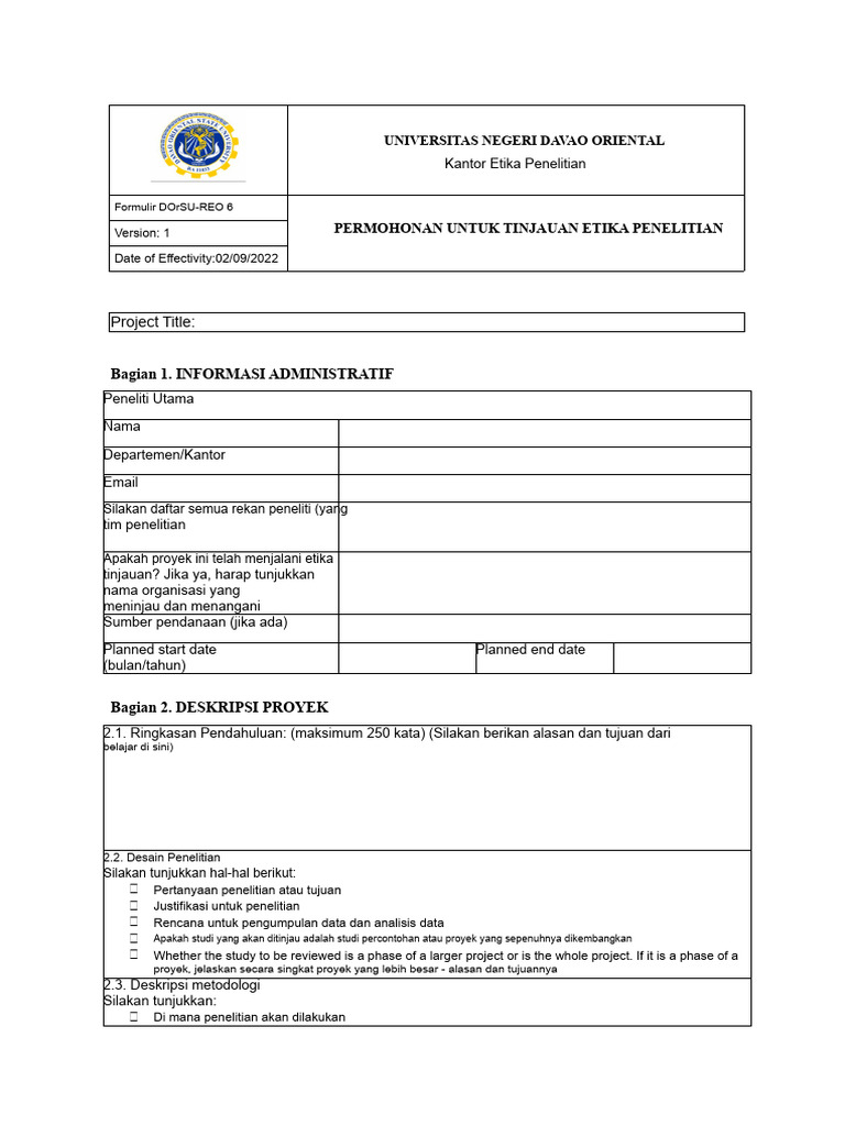 Permohonan Tinjauan Etika Penelitian DOrSU | PDF
