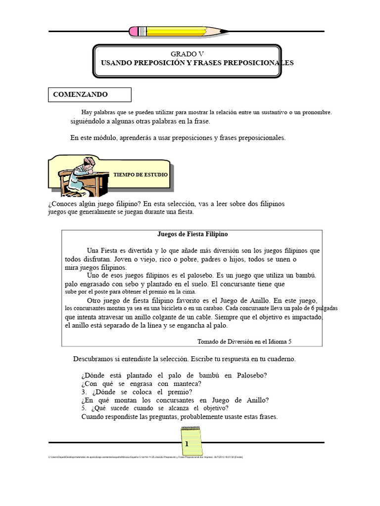 MISOSA Usando Preposiciones y Frases Preposicionales | PDF ...