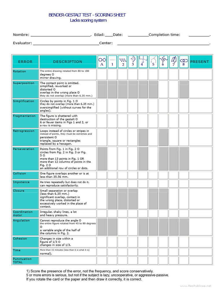 Bender-Gestalt Score Sheet (Lacks) Net | PDF | Elementary Geometry ...