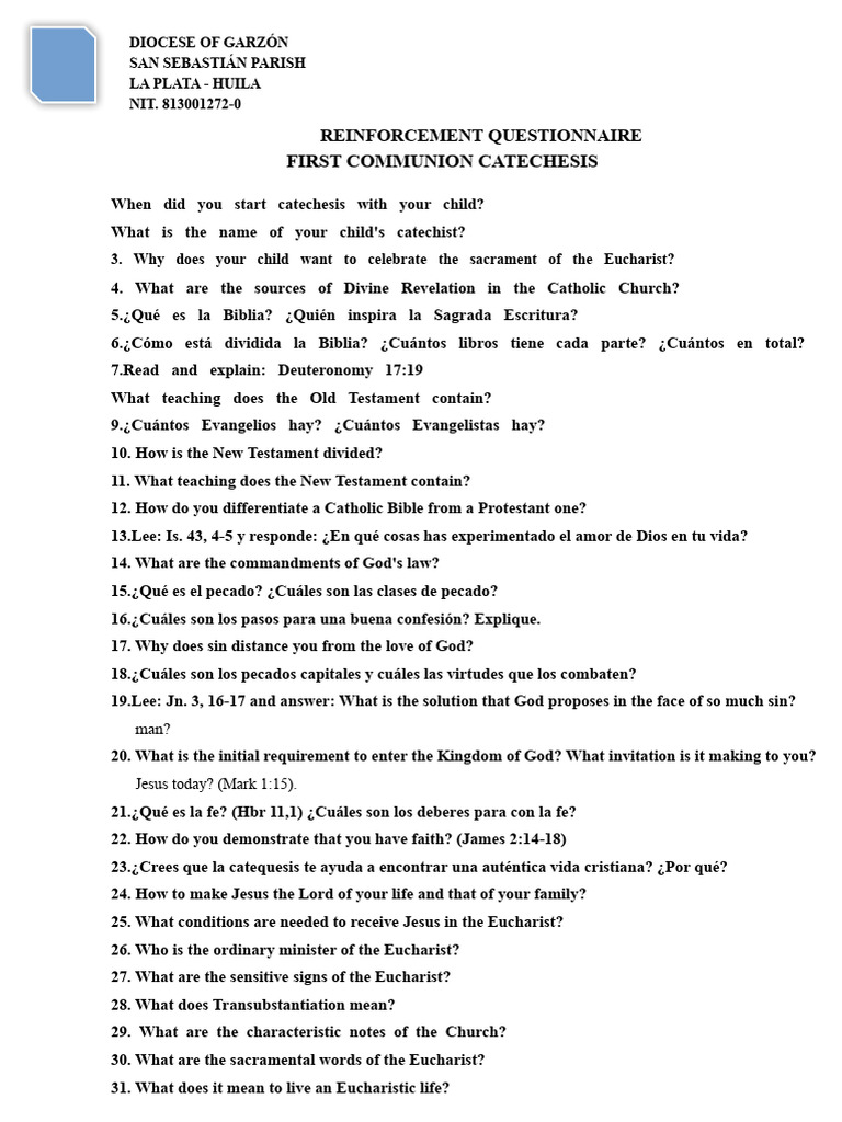 First Communion Catechesis Questionnaire | PDF | Eucharist | Sacraments