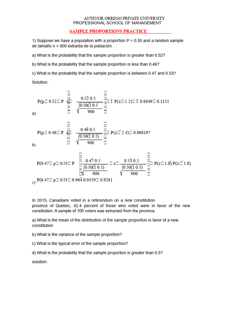 Sample Proportions Probability Analysis | PDF | Sampling (Statistics ...