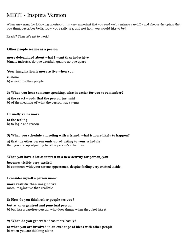 MBTI Personality Assessment Questionnaire | PDF | Extraversion And ...