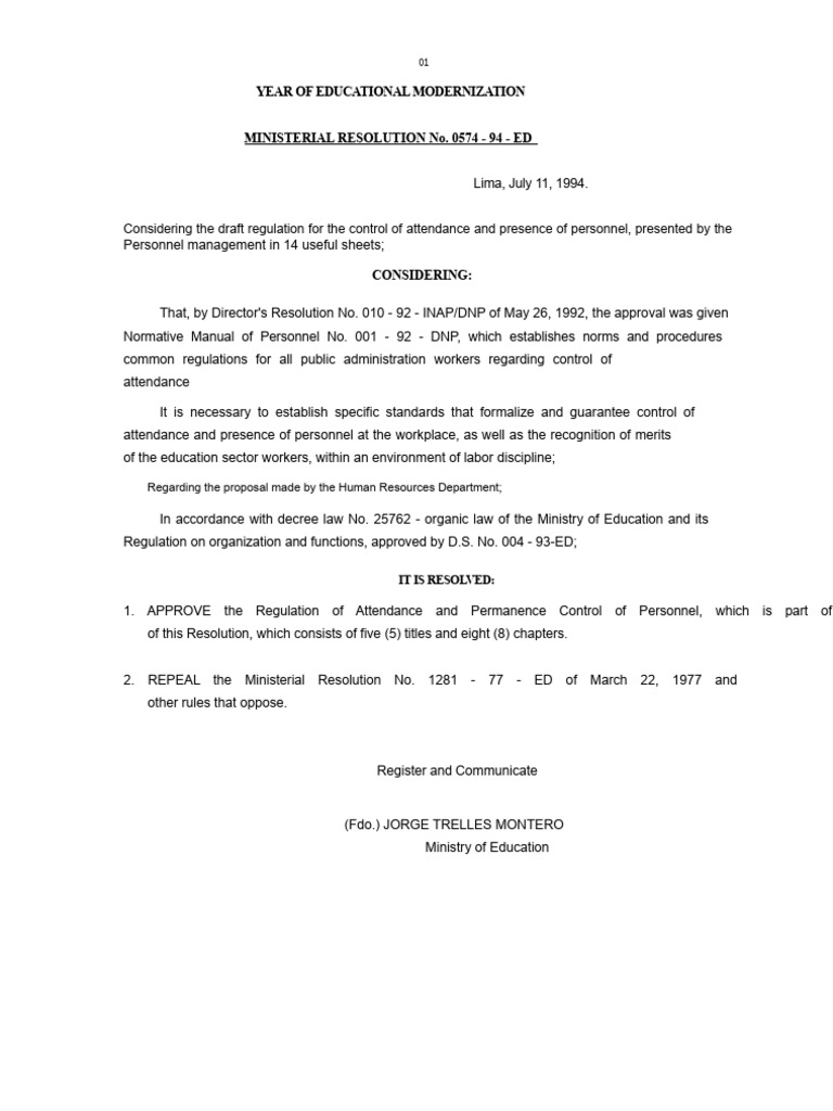 R.M. 574-94-ED Regulation of Control and Attendance of Personnel MED ...
