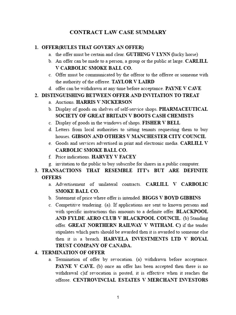 Contract Law Case Summary | PDF | Offer And Acceptance | Consideration