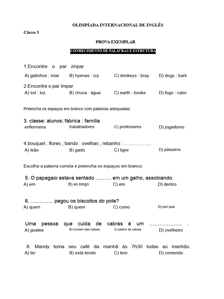 Prova de Inglês: Estruturas e Vocabulário | PDF