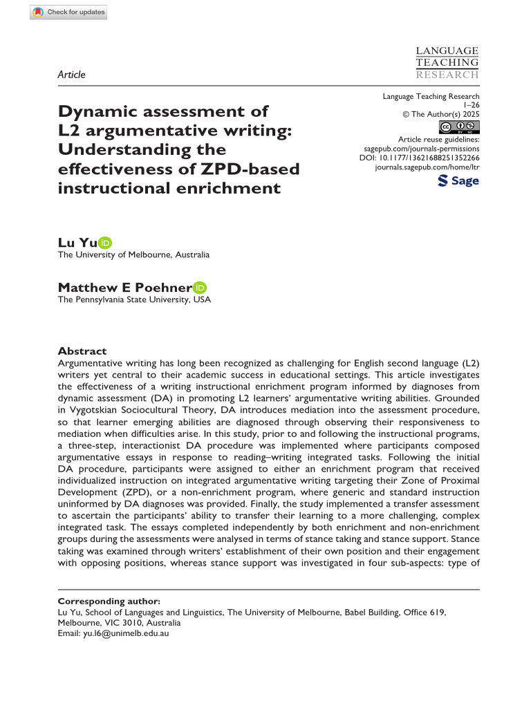 Dynamic Assessment in L2 Writing | PDF | Learning | Human Communication