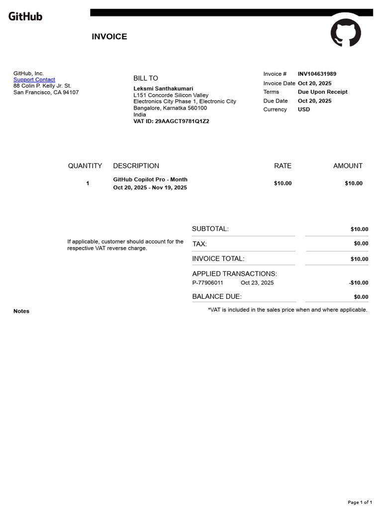 GitHub Invoice for Copilot Pro Subscription | PDF | Invoice | Value ...