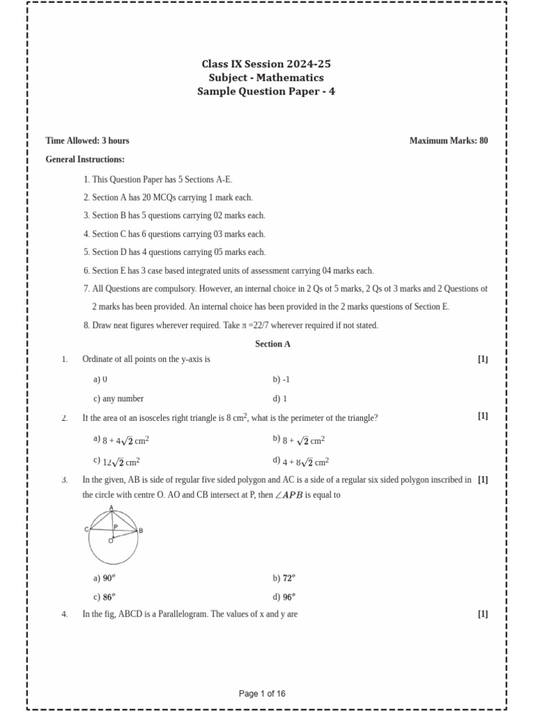 Class IX Mathematics Sample Paper 2024 | PDF | Numbers | Area