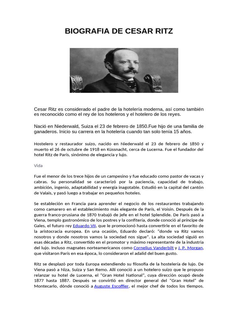 Biografía de César Ritz, pionero hotelero | PDF