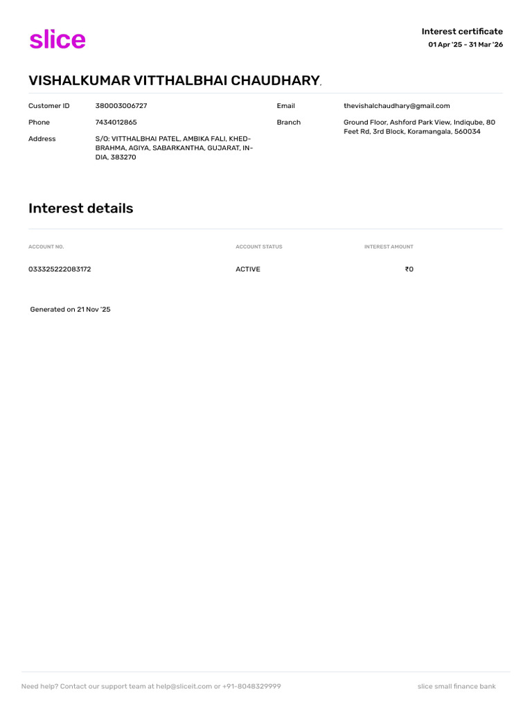 Slice Bank Savings Interest Certificate FY 25 26 | PDF