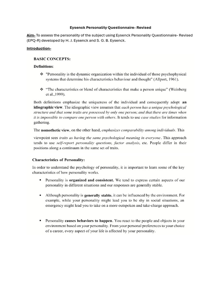Eysenck Personality Questionnaire Guide | PDF