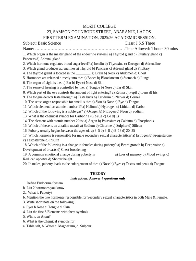 Basic Science Jss3 First Term Exam | PDF | Puberty | Hormone