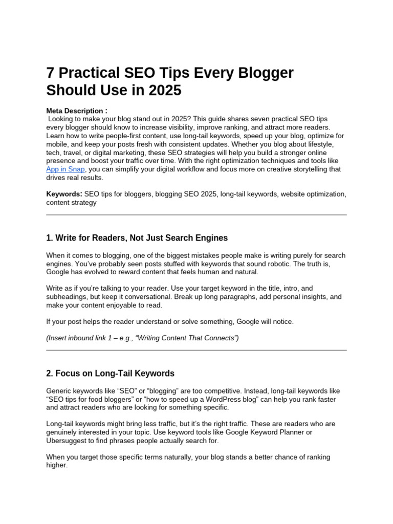 7 Essential SEO Tips for Bloggers 2025 | PDF | Search Engine ...