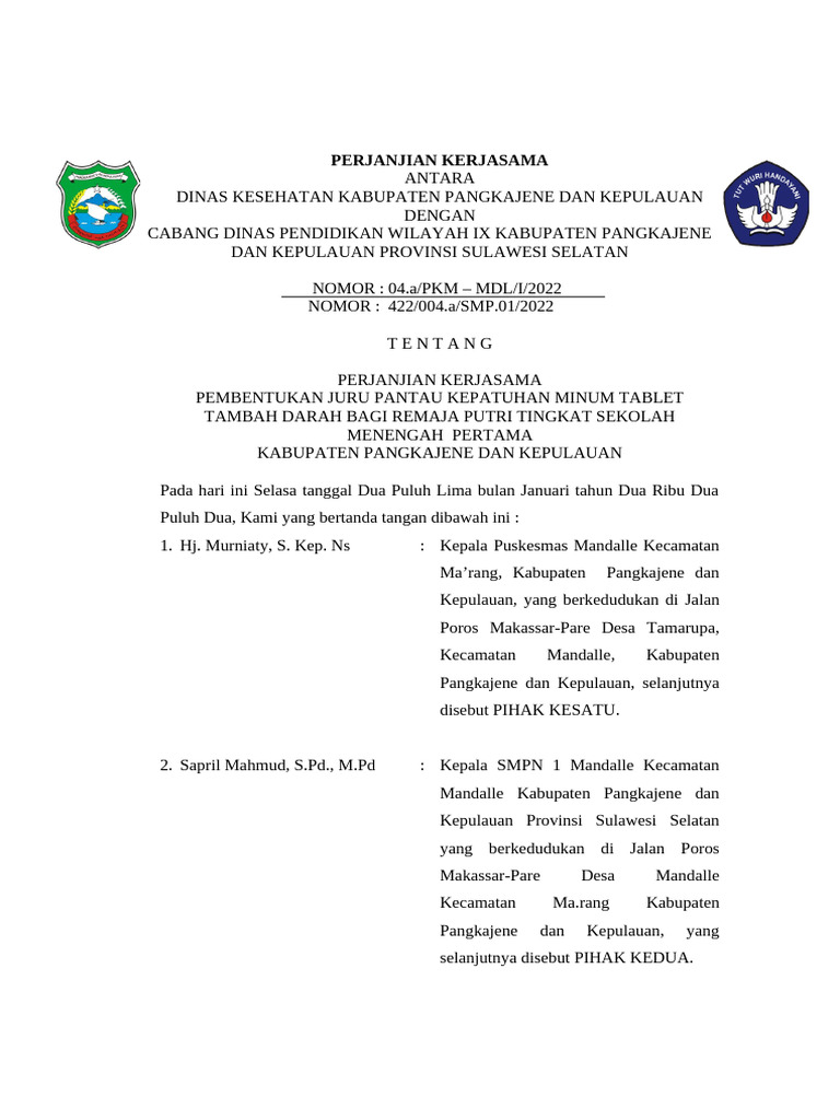 SK Implementasi TTD, SK Program Inovasi, Perjanjian Kerjasama TTD SMP ...