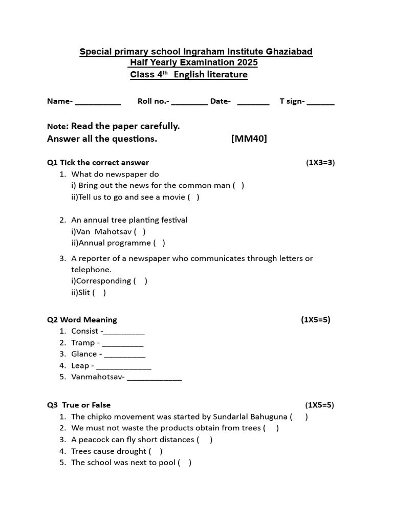 Class 4 English Exam Paper 2025 | PDF | Elephant