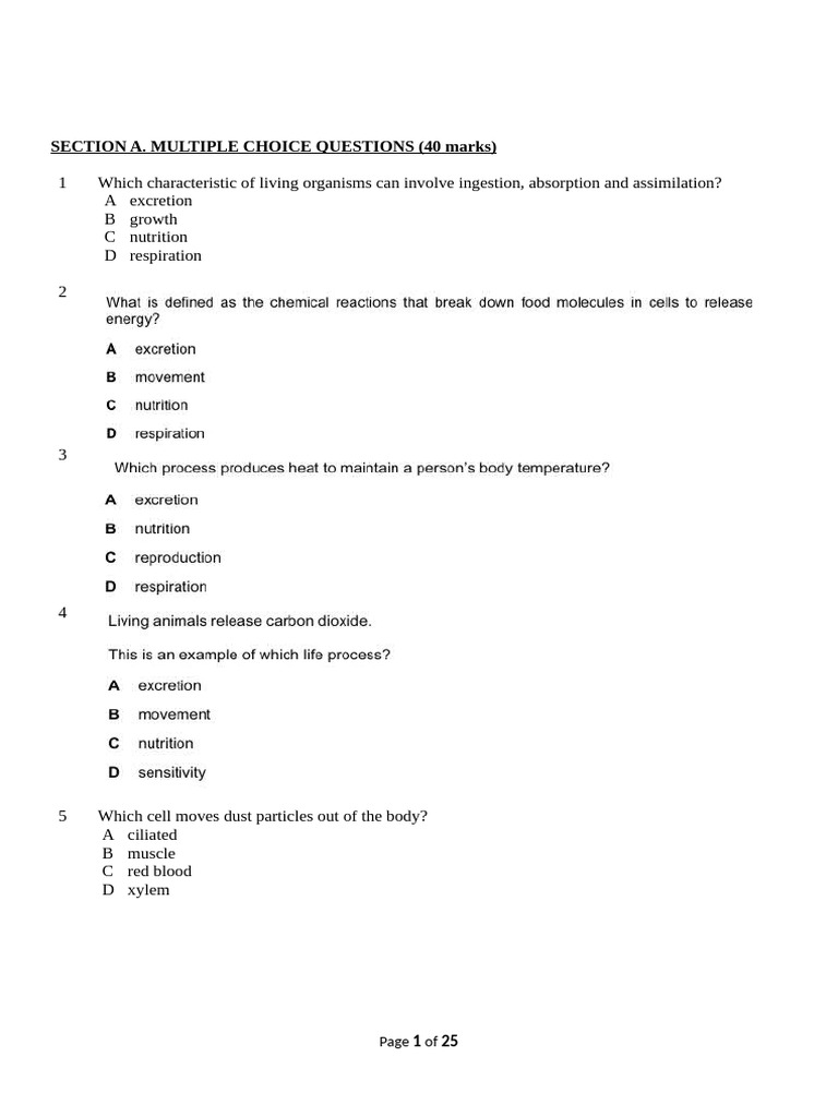Review SA - Biology Grade 9 Sem 1 | PDF | Digestion | Gases