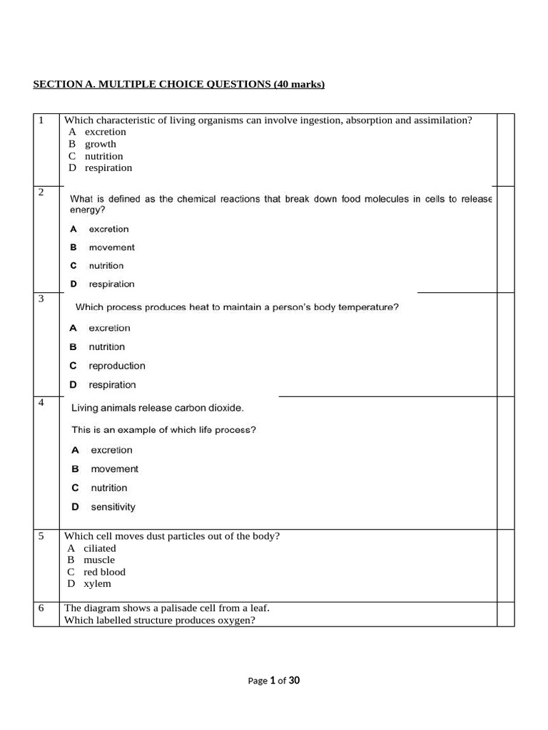Biology Multiple Choice & Structured Questions | PDF | Gases | Ion