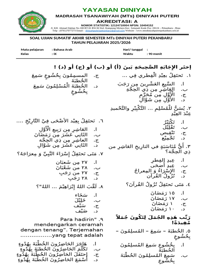 Soal Ujian Bahasa Arab MTs Diniyah | PDF