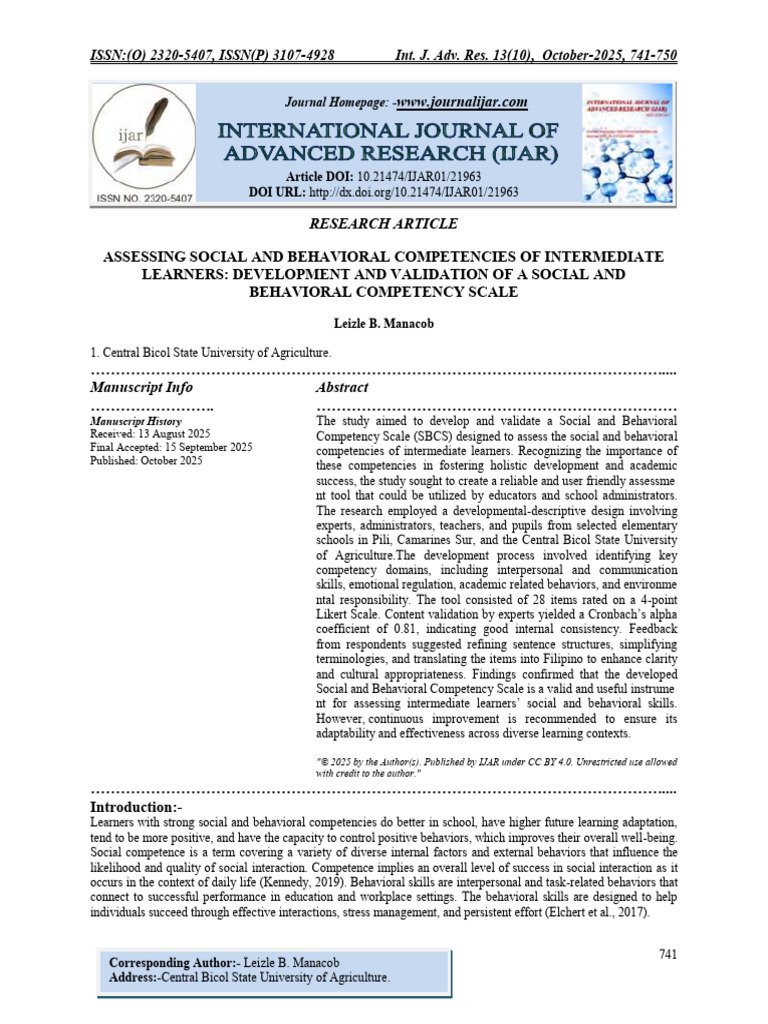 Social and Behavioral Competency Scale Validation | PDF | Educational ...