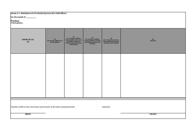 LCE Monitoring Attendance Form Template | PDF