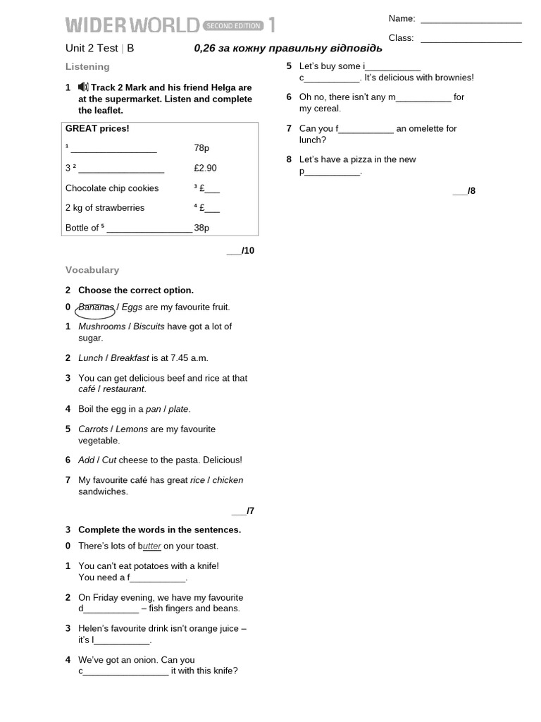 Unit 2 Test: Listening & Vocabulary | PDF | Lunch | Foods