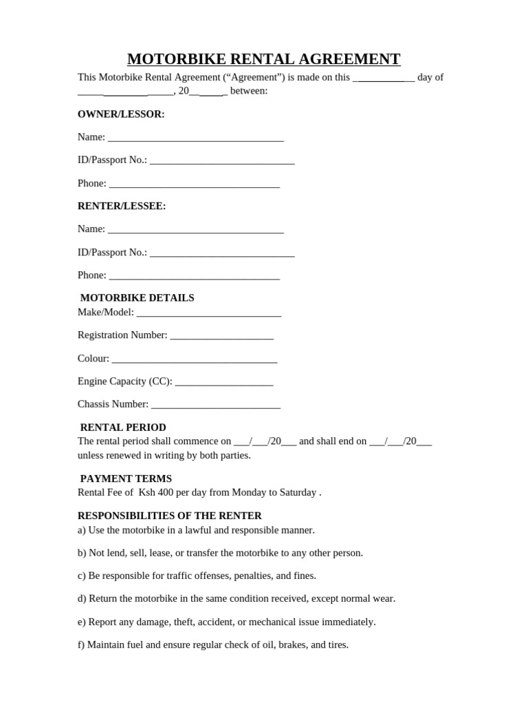 Motorbike Rental Agreement Template | PDF